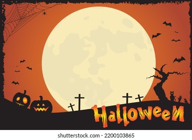 Halloween night background with full moon, pumpkins and bats, black cat, spiderweb, death tree, zombie hands illustration