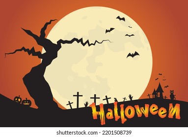 Halloween night background with full moon, pumpkins and bats, black cat, spiderweb, death tree, zombie hands illustration