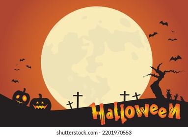 Halloween night background with full moon, pumpkins and bats, black cat, spiderweb, death tree, zombie hands illustration