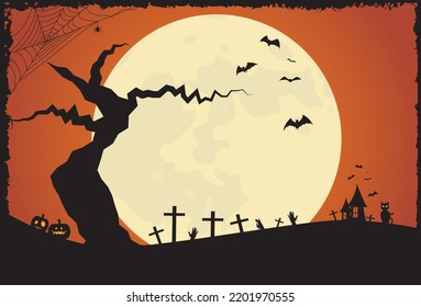 Halloween night background with full moon, pumpkins and bats, black cat, spiderweb, death tree, zombie hands illustration