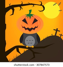 Halloween night background with full Moon, pumpkins,owl  and crow, illustration