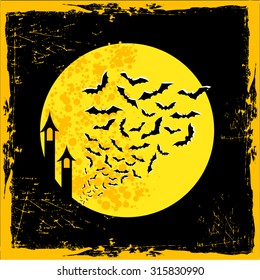 Halloween night background with full Moon, swarm of bats.