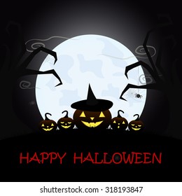 Halloween night background with full moon, pumpkins and spiders. Vector illustration.