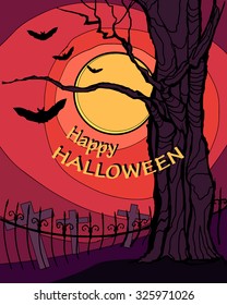 Halloween night background with full moon. cartoon illustration