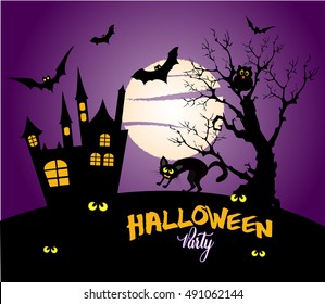 Halloween night background with full Moon and black cat.