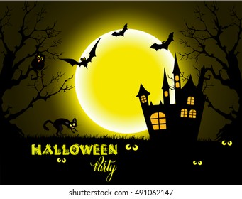 Halloween night background with full Moon and black cat.