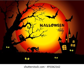 Halloween night background with full Moon and black cat.