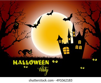 Halloween night background with full Moon and black cat.