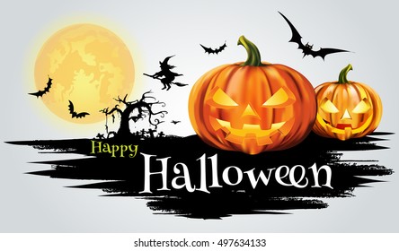 Halloween night background with full Moon and pumpkins.-vector illustration
