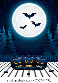 Halloween night background with full moon and pumpkins, vector illustration.