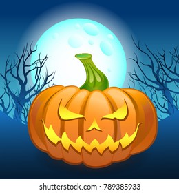 Halloween night background with full Moon and pumpkin.