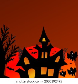 Halloween night background, ghost and dark castle. vector illustration