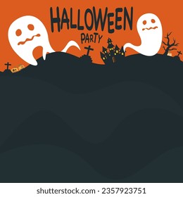Halloween night background with ghosts, pumpkin, haunted house and grave flat design vector illustration have blank space. Flyer or invitation template for Halloween party.