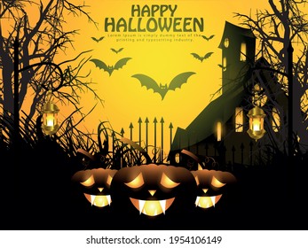 Halloween night background with glowing pumpkin, haunted house and bats. 