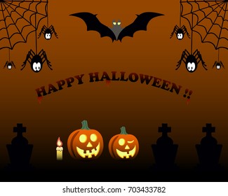 Halloween night background with graves, pumpkins, spiders and bat.