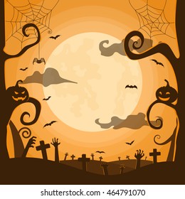Halloween night background in graveyard with pumpkins, bats, full moon, spider, zombie hands and space for your Halloween holiday text