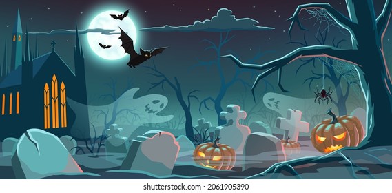 Halloween night background with a graveyard, scary castle, pumpkins, ghosts, bats, spider and full moon on the background