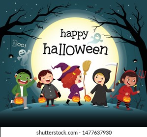 Halloween night background with group of kids in costume party