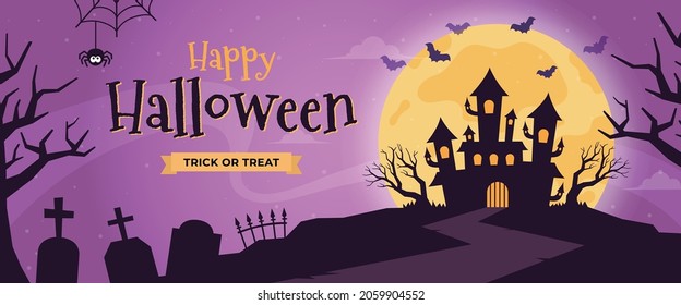 Halloween night background, Happy Halloween banner or party invitation. Scary castle on graveyard. Full Moon Night in Spooky Forest. Spiders web and flying bats. Place for text. vector illustration.