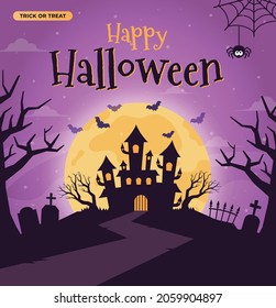 Halloween night background, Happy Halloween banner or party invitation. Scary castle on graveyard. Full Moon Night in Spooky Forest. Spiders web and flying bats. Place for text. vector illustration.