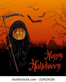 Halloween night background with Happy Halloween hand lettering, bats and character dressed as death.