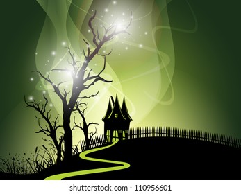 Halloween night background with haunted house and dead trees. EPS 10.