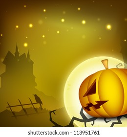 Halloween night background with haunted house silhouette and scary pumpkin. EPS 10.