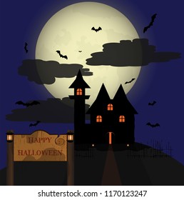 Halloween night background with haunted house and full moon And flying bats

