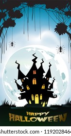 Halloween night background with haunted house, castle and full moon. Flyer or invitation template for banner, party, Invitation . Vector illustration with place for your Text & copy space