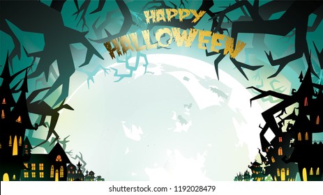 Halloween night background with haunted house, castle and full moon. Flyer or invitation template for banner, party, Invitation . Vector illustration with place for your Text & copy space