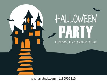 Halloween night background with haunted house and full moon. Vector illustration