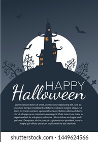 Halloween night background with haunted house and full moon. Flyer or invitation template for Halloween party. Vector illustration.