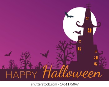 Halloween night background with haunted house and full moon. Flyer or invitation template for Halloween party. 