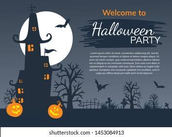Halloween night background with haunted house and full moon. Flyer or invitation template for Halloween party. 