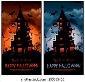 Halloween night background with haunted house and full moon.