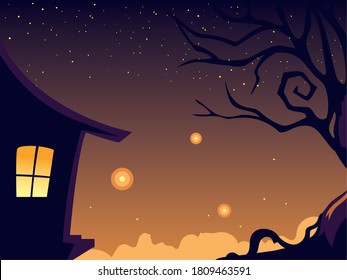 fondo nocturno de halloween con diseño de ilustración del vector de la casa perseguida