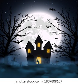 Halloween night background. Haunted house and full moon. Vector banner.
