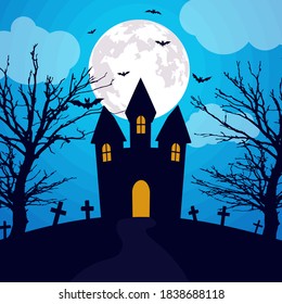 Halloween night background. Haunted house and full moon. Vector banner.
