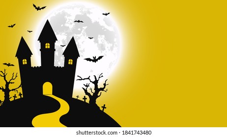 Halloween night background. Haunted house and full moon. Vector banner.
