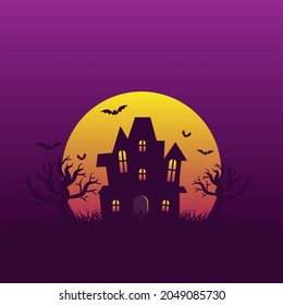 Halloween night background with haunted house on hill and bats flying around full moon with copy space for decorative design. vector illustration