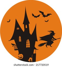 Halloween night background with haunted house, witch and full moon