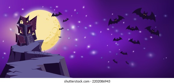 Halloween Night Background with Haunted House, Bats and Moon. Night Party Poster Backdrop. Vector Illustration.