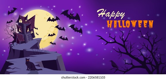 Halloween Night Background with Haunted House, Bats and Moon. Night Party Poster Backdrop. Vector Illustration.