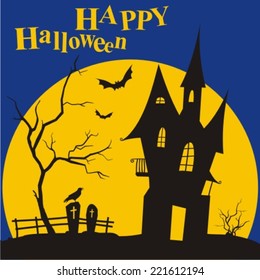 Halloween night background with haunted house and full moon 