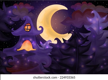Halloween night background with haunted house, vector illustration