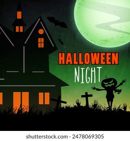 Halloween Night Background with Haunted House, Pumpkin Scarecrow and Flying Bats.