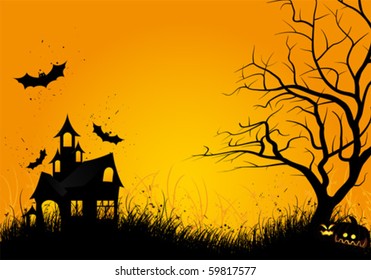 Halloween Night Background with Haunted House, Bats and Tree. Night Party Poster Backdrop. Vector Illustration.