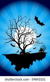 Halloween Night Background with Haunted House, Moon, Bats and Tree. Night Party Poster Backdrop. Vector Illustration.