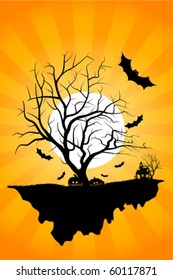 Halloween Night Background with Haunted House, Moon, Bats and Tree. Night Party Poster Backdrop. Vector Illustration.