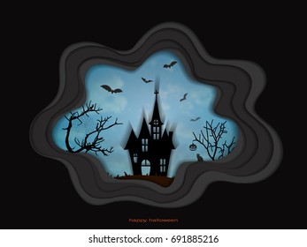 Halloween night background with haunted house and spooky forest with dead trees (Vector paper art style)